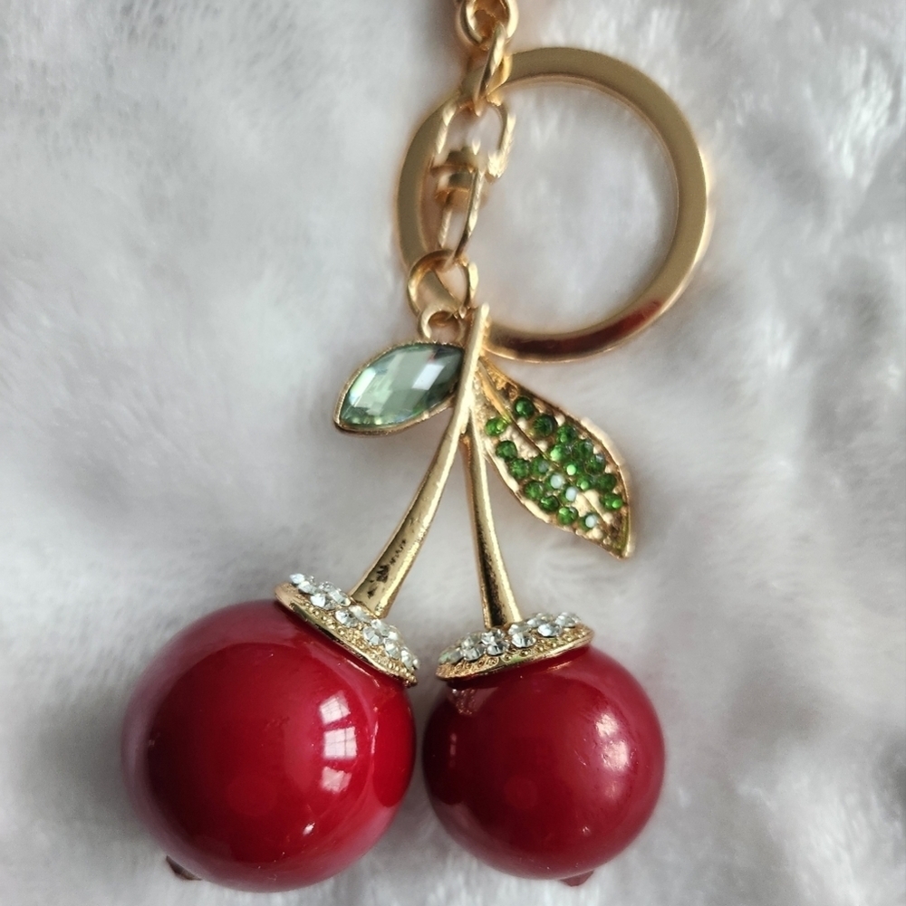 Cherry Keychain with Red and Gold Accents Bag Charm - Picture 3 of 4
